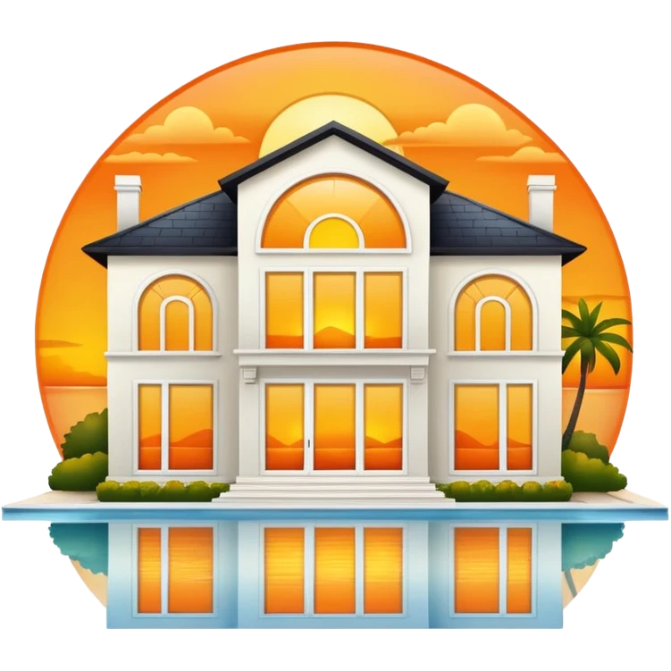 luxury villa with windows reflecting a yellow and orange sunset emoji
