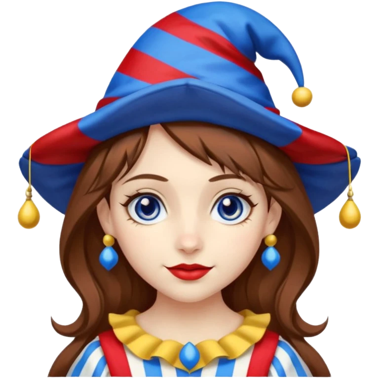 a girl A classic two-armed jester's hat with red and blue stripes, a yellow brim, and small yellow bells on the tips. brown hair blue and red eye's

 emoji