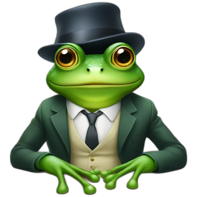 A frog wearing a suit looking straight sitting on a table and wearing a hat emoji