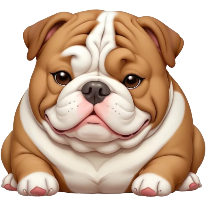 Cinematic Meme-Worthy Chubby Sleeping Brown and White English Bulldog Portrait Emoji, Head resting peacefully with a contented smile, showcasing a delightfully chubby build and a luxuriously soft brown and white coat, eyes shut in a serene nap, Simplified yet hilariously adorable features, highly detailed, glowing with a soft, drowsy light, high shine, relaxed and utterly lovable, stylized with an air of playful laziness, bright and heartwarming, soft glowing outline, capturing the essence of a comically sleepy guardian, so meme-worthy it feels like it could instantly become the next viral sensation of adorable slumber! emoji