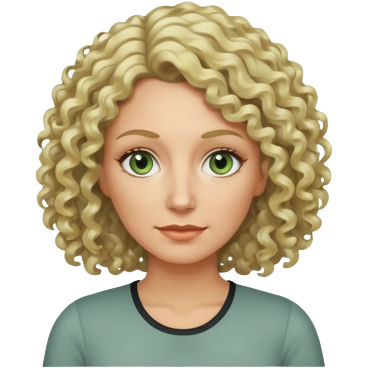 a woman in her late 40s and has greyish greenish eyes and blonde curly hair wearing a grafic top# emoji