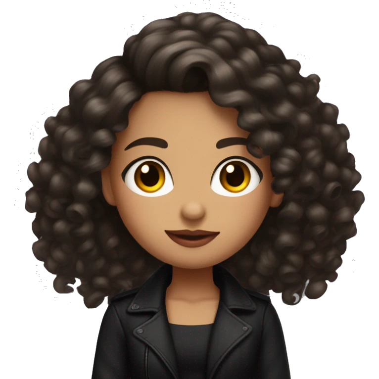 brunette girl with curly hair below her shoulders in a black jacket and a black top and a black long skirt and a red manicure and a daring look emoji