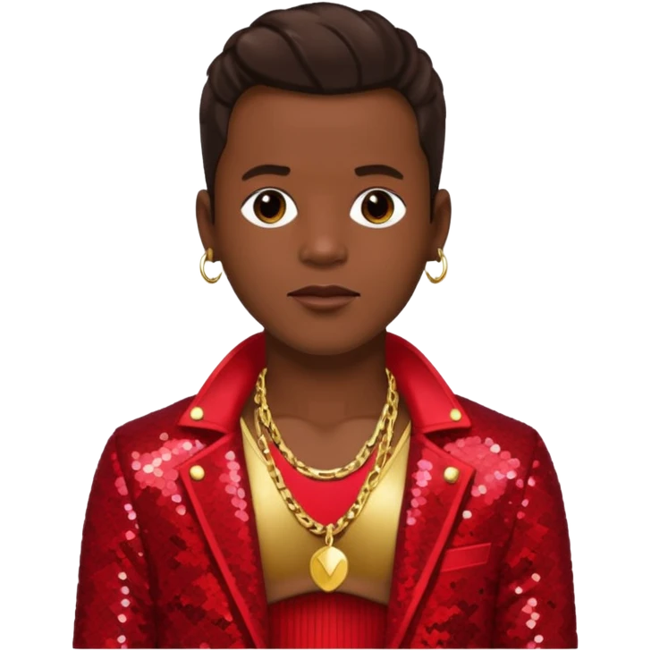 Bobby Brown from New Edition with dark brown hair, red sequin jacket, shirtless with necklace emoji