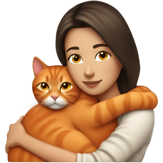 Brunette woman snuggling orange cat emoji