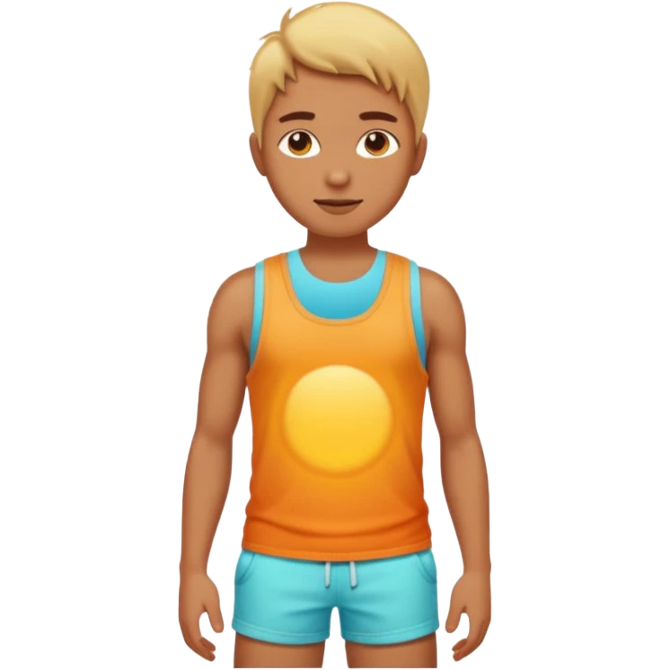 Emoji-style person in beach shorts with sunburned shoulders and chest, tank top outline for a sunburn, cute rounded features, soft shading, vibrant colors emoji