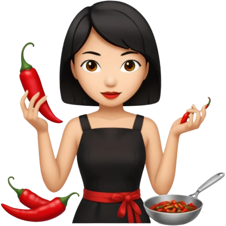 asian black short shoulder length hair tanned woman, black dress cooking, holding chili pepper emoji