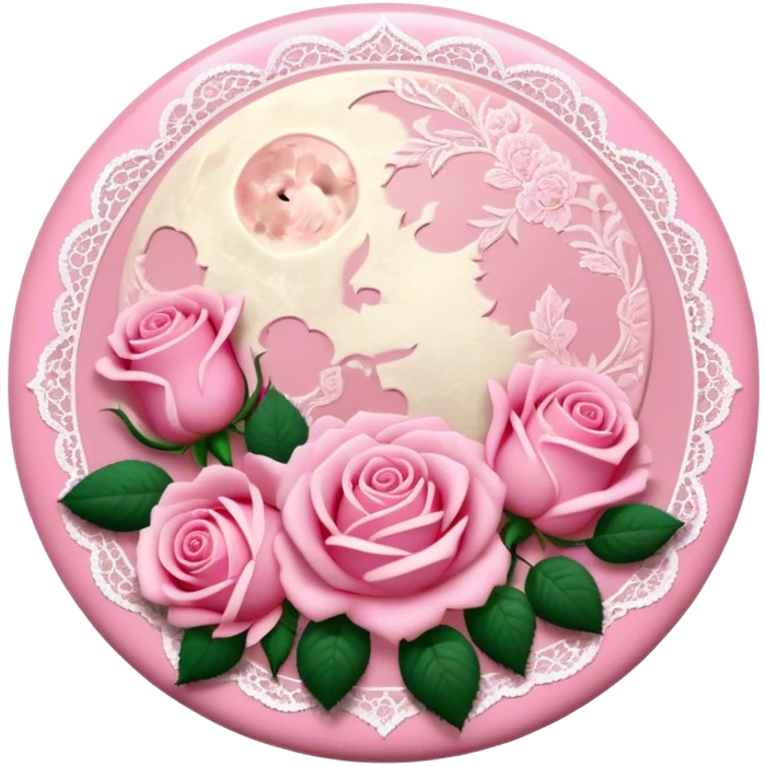A round pink button with light cream damask lace, a full moon and pink roses in the center emoji
