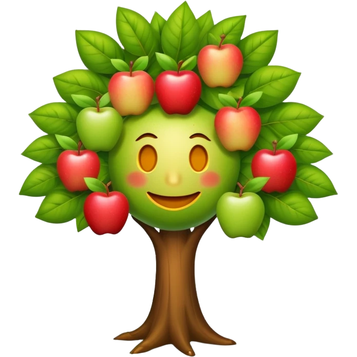 diseña a un árbol con cara sonriente y que las hojas tenga tres manzanas en cada lado o en cada parte de las hojas. emoji