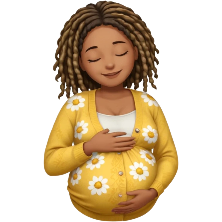 pregnant black woman with dread lock hair happily touching her big belly while wearing casual shirt and yellow warm  flowery cardigan closing her eyes and smile wamrly emoji