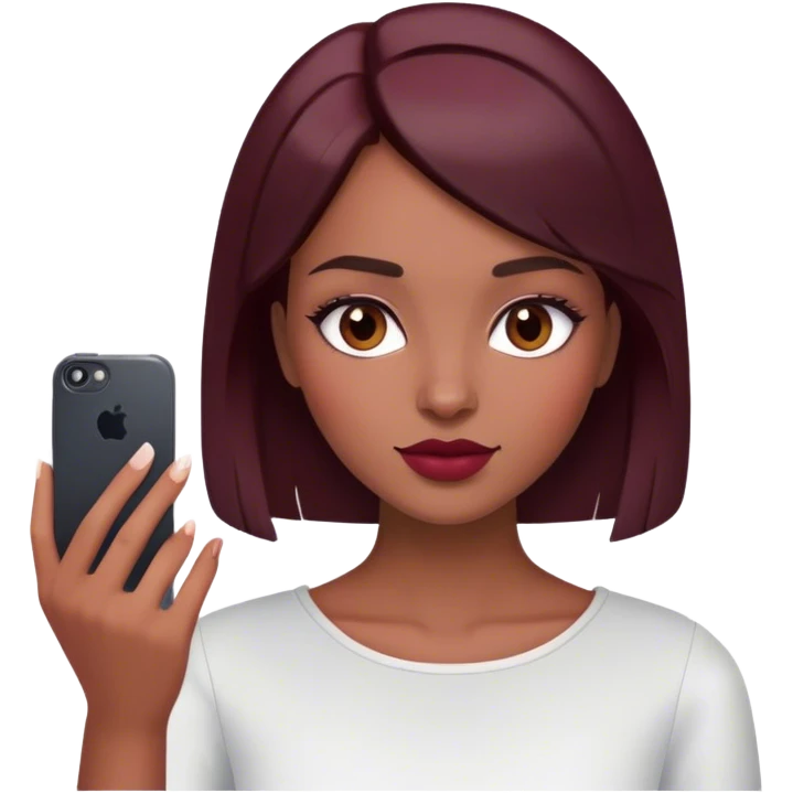 A brunette girl with a square hairstyle , selfie burgundy emoji
