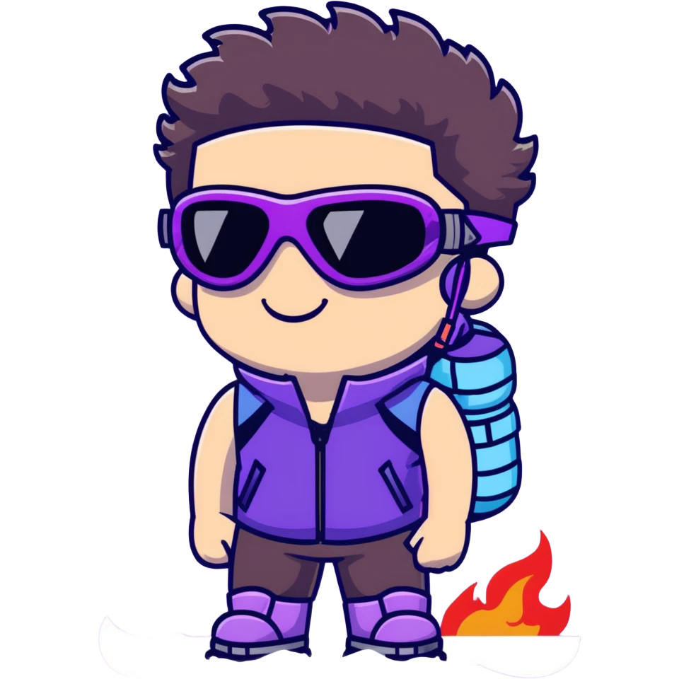 close-up of male athlete with white skin and moderately curly dark brown hair on top with shaved sides, wearing ski goggles with purple frames and very dark black lenses, a simple plain black chain necklace, and a completely unzipped sleeveless vest with purple and black sequin fire pattern design with no logo, with an arrogant smug smirk on his face, looking confident and cocky emoji