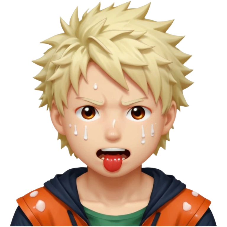 Katsuki Bakugo’s face showing physical delight and a blushed face with white glue splattered around his mouth With lots of drool emoji