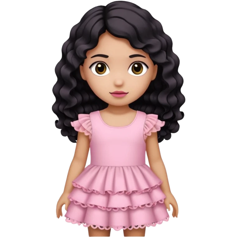 Una niña con un vestido rosa pastel con volados y encajes con cabello negro medio ondulado y dos moños como accesorio de cabello. ojos negros  emoji