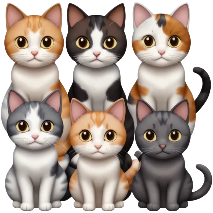 5 different coloured short haired cats including; a dark brown and white cat, and a dark grey and white, and a calico emoji