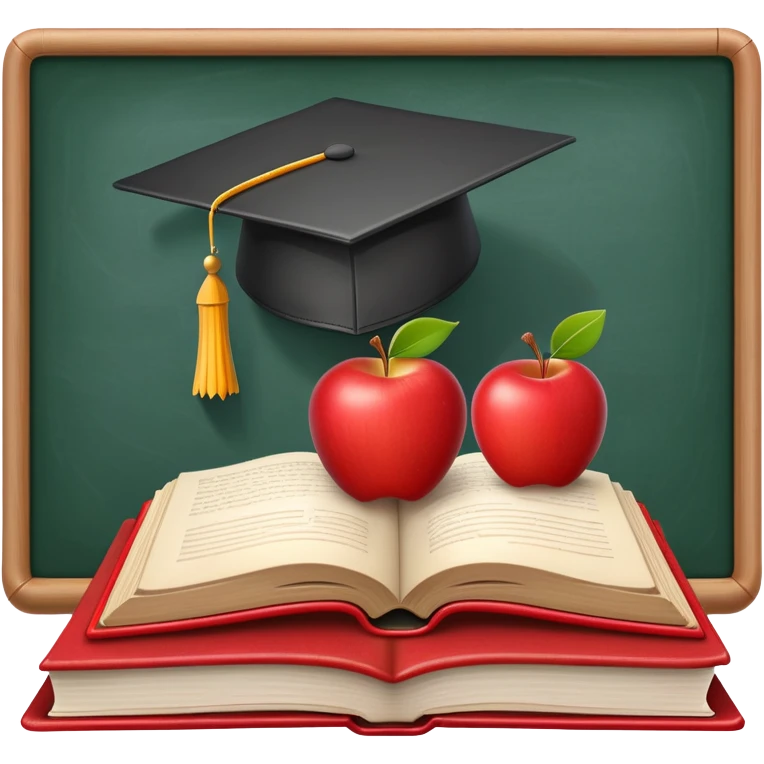 An icon featuring an open book, a pencil, and an apple, symbolizing education and pedagogy. The design includes a chalkboard with a lesson plan and a graduation cap, representing teaching and learning. Transparent background highlights the nurturing of knowledge and growth. emoji