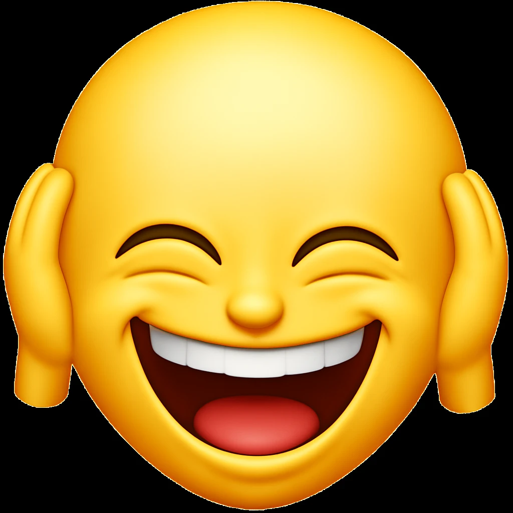 Make the forehead even bigger with exaggerated laughing expression, in the style of apple emojis. emoji