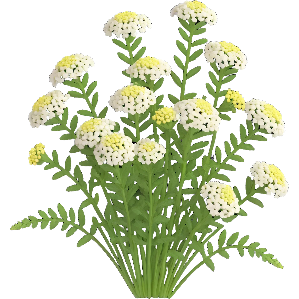 3D iOS style illustration of Achillea millefolium (common yarrow) with flower clusters made up of many small, distinct, visible flowers, delicate details, realistic and vibrant, green stem and feathery leaves, on a transparent background. emoji