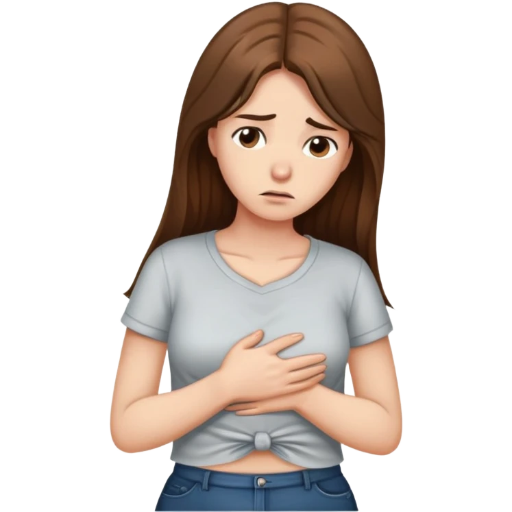 Sad women with long brown hair rubbing stomach with shirt on emoji