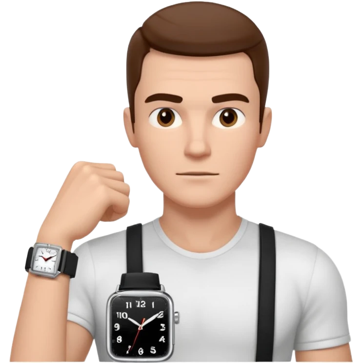 man wearing a black strap watch portrait, head and shoulders only, square jawline, strong facial structure, confident expression, black strap wristwatch visible, 3D cartoon, mobile game icon style, clean background, no text, no watermark
 emoji