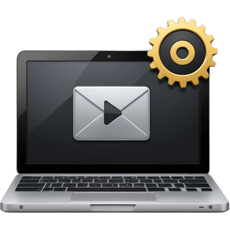 laptop with a play button and gear above emoji