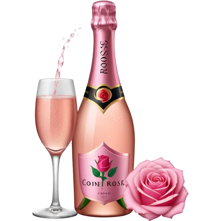 bottle of sparkling rose champagne tilted up and to the right, with a rose logo emoji