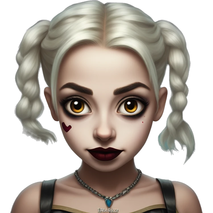 Halfling Jasmine in Harley Quinn style, oil paint, mysterious eyes, intricate lips, masterpiece portrait, odd perspective, beautiful, desirable, logical emoji