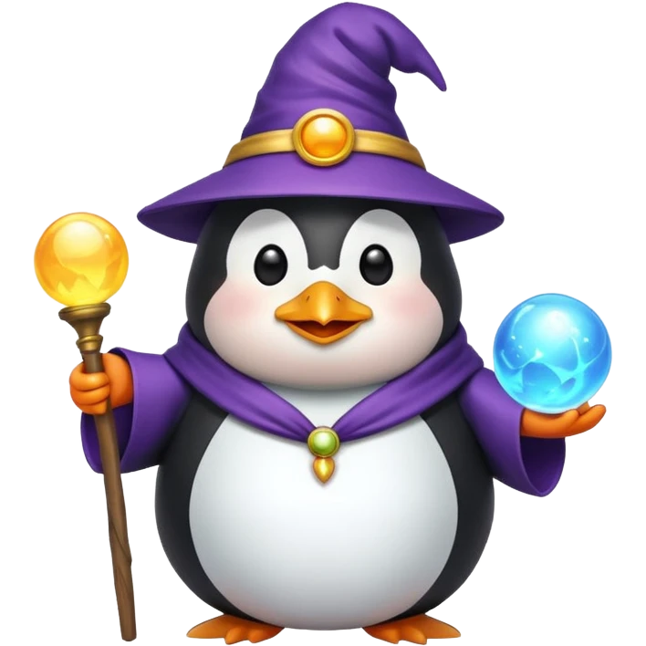 chubby penguin wizard with a long beard, holding a glowing orb, emoji style emoji
