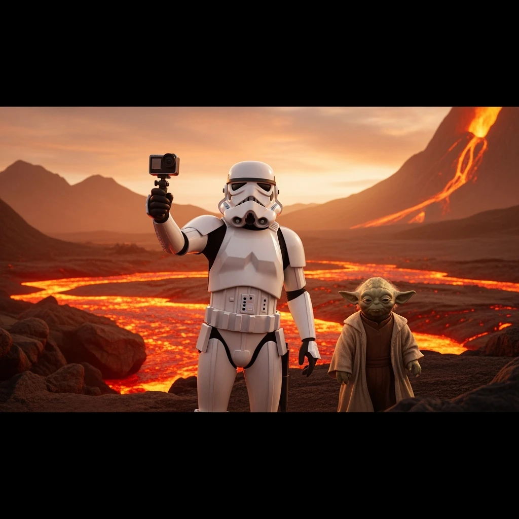 Cinematic still, selfie camera, Starwars stormtroopers vlogging , he is walking on lava planet with yoda emoji