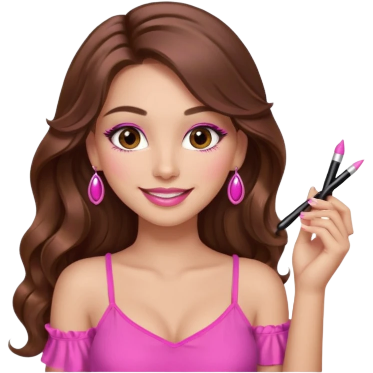 girl with long wavy brown hair, brown eyes, long lashes makeup, sexy pink lips, light to medium complexion, pink sexy top, smiling, hand by the cheek emoji