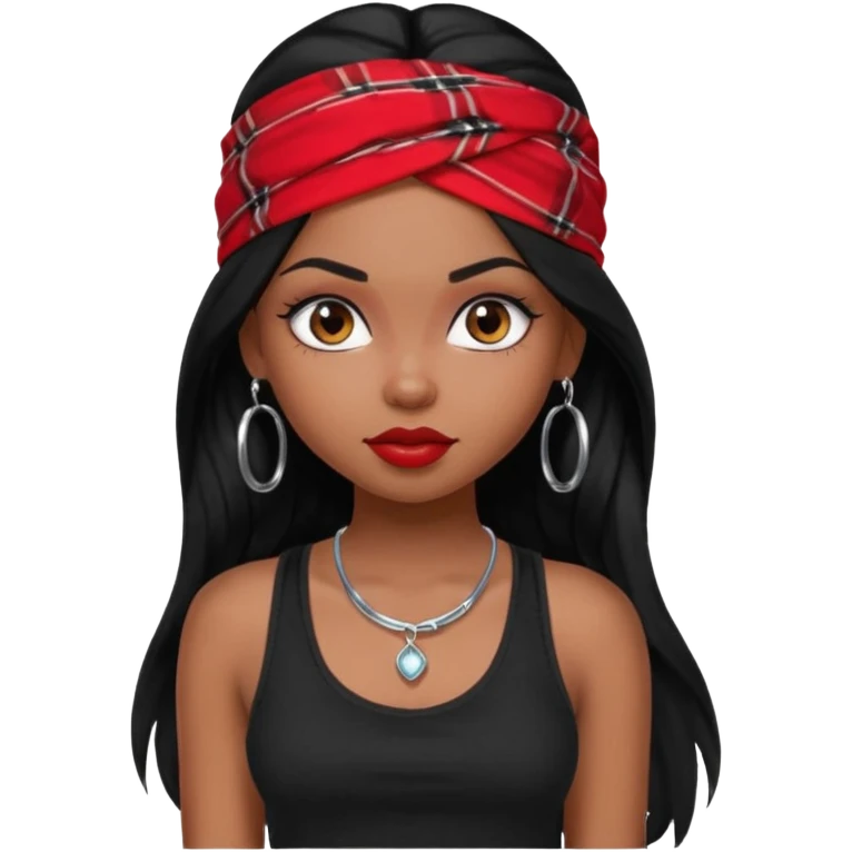 a pretty bratz dusky girl with long black hair, kajal under eyes, small silver hoop. black tank top on. Red bandana on emoji