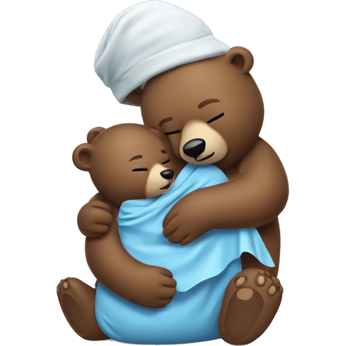mama bear cradles her sick bear cub. she is holding her cub in her arms as he winces with an ice pack on his head emoji