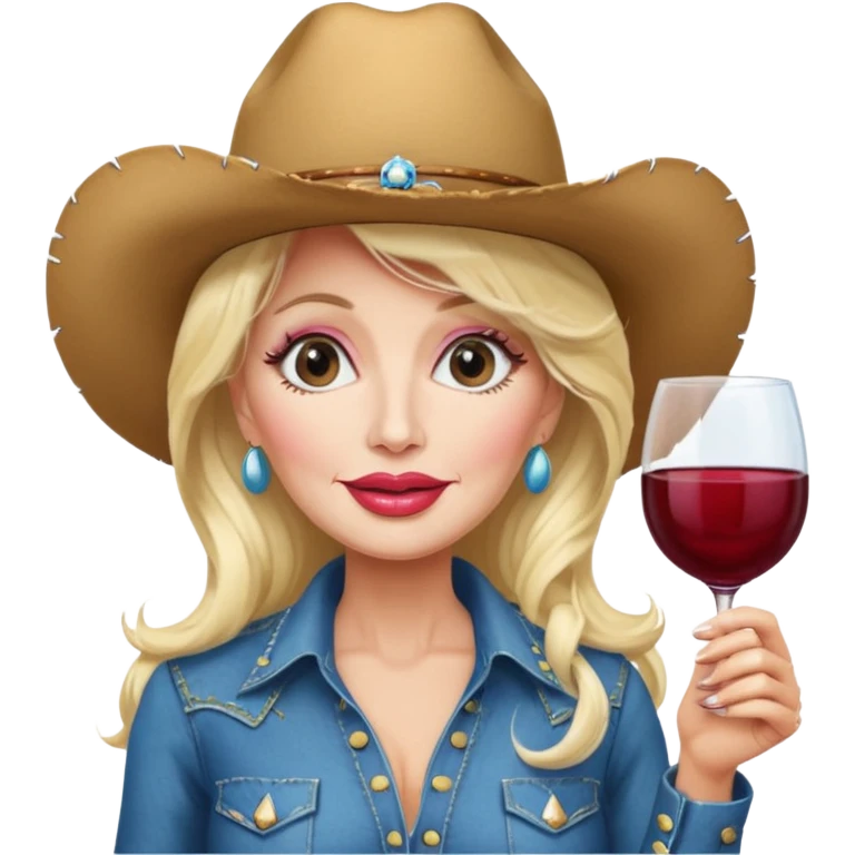 Dolly Parton with a huge glass of wine on a bachelorette trip and a cowboy hat and huge lips emoji