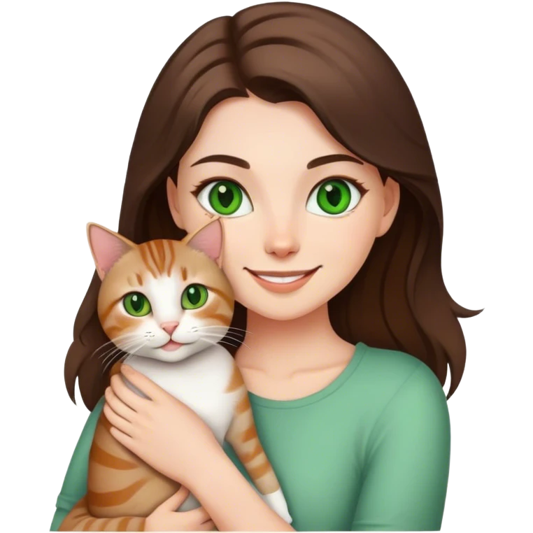 brunette white girl green eyes holding a tabby cat smiling emoji