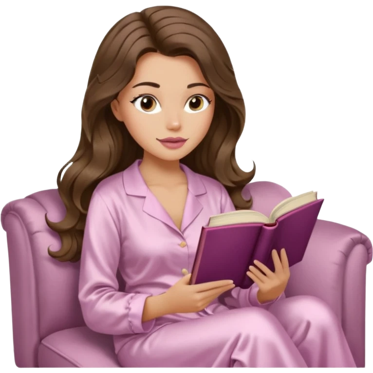 Woman with light tanned skin reading a book on Beige sofa. Long wavy brunette hair. Ivory silk pyjamas. Realistic. Foxeye with long lashes. Pinky mauve lips. emoji