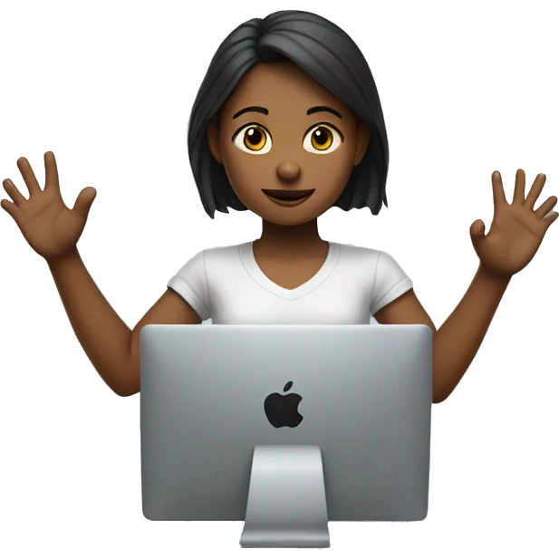Girl sitting in front of the apple computer and raising right hand  emoji