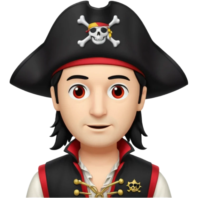 Captain Feathersword of The Wiggles with light skin, brown eyes, black hair, black pirate hat, white pirate shirt with red vest, one eye patch emoji