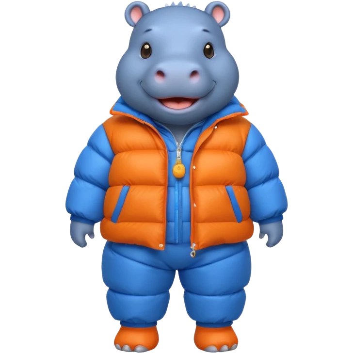 a full body of cute hippo with puffer clothes emoji