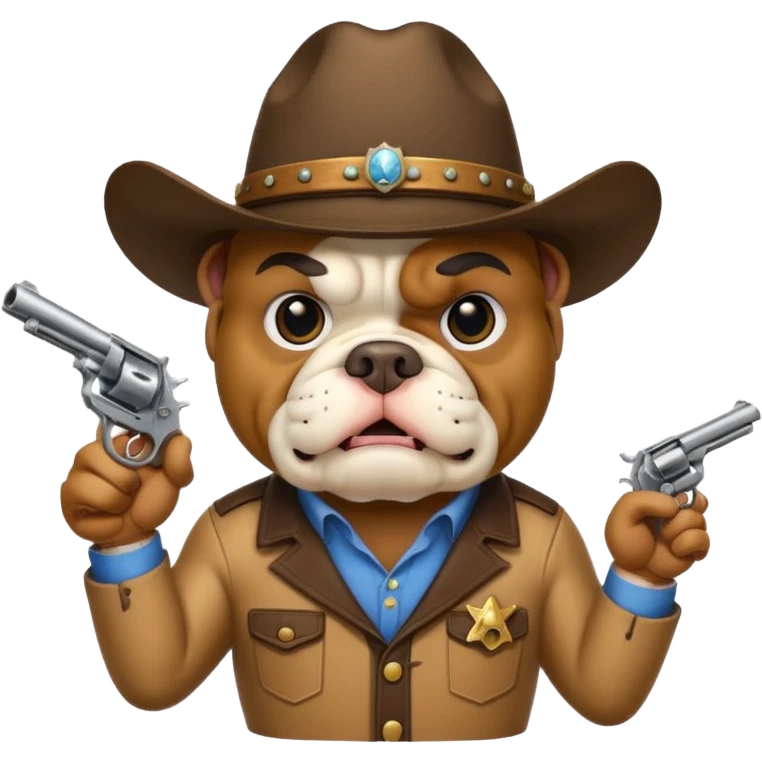 A bulldog wearing a cowboy hat pointing a revolver at you and telling you to hand over your money. emoji