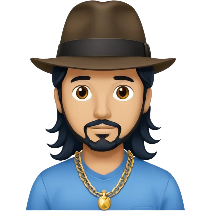 Man with black long wavy hair, brown eyes, tan skin and light black goatee blue shirt fedora hat gold chains emoji