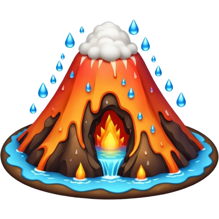 A cute, round emoji-style volcano with a smooth, simplified shape and soft shading. 
Instead of lava, the volcano erupts with colorful water droplets that pop upward in playful arcs. 
 emoji