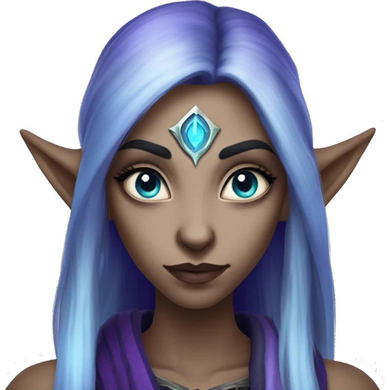 night elf female whom world of warcraft with white sclera eyes without pupil, purple skin, blue long hair, long eyebrows and ears emoji