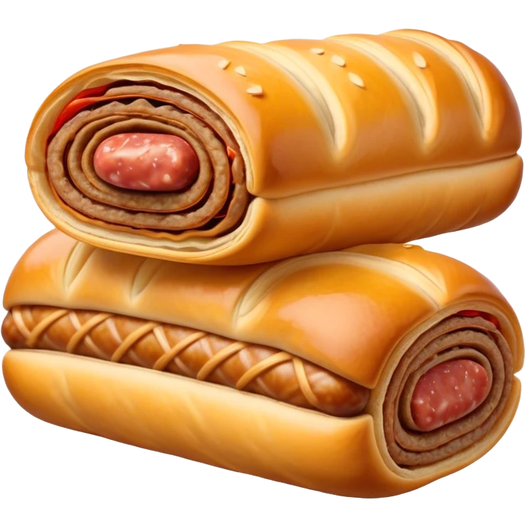 Cinematic Realistic Sausage Roll Dish Emoji, depicted with a crisp, golden pastry wrapped around flavorful sausage, rendered with detailed textures and appetizing lighting. emoji