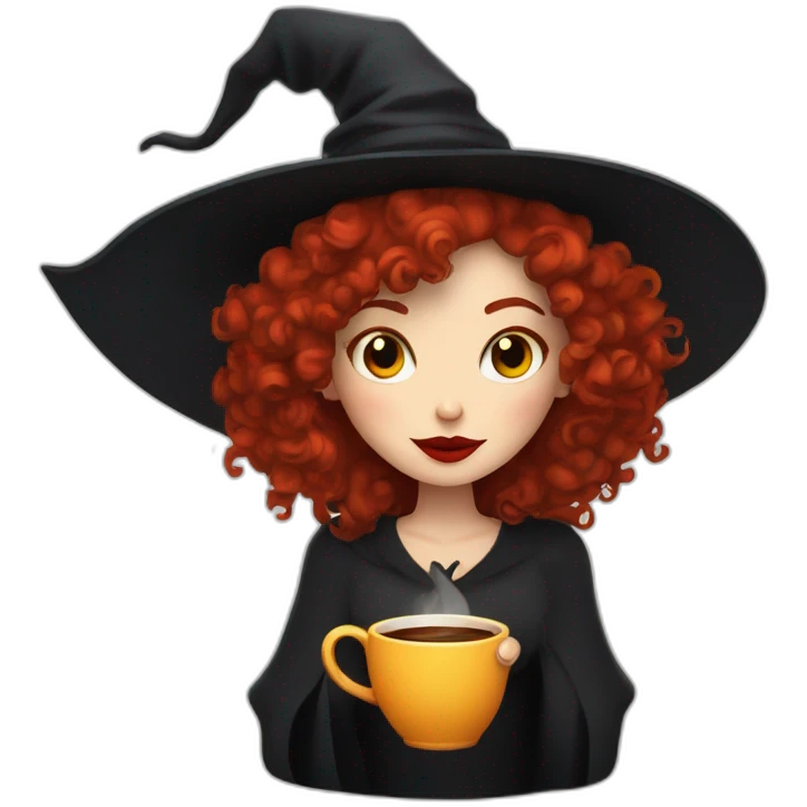a witch with red lips, red curly hair to the shoulders reading and drinking coffee emoji