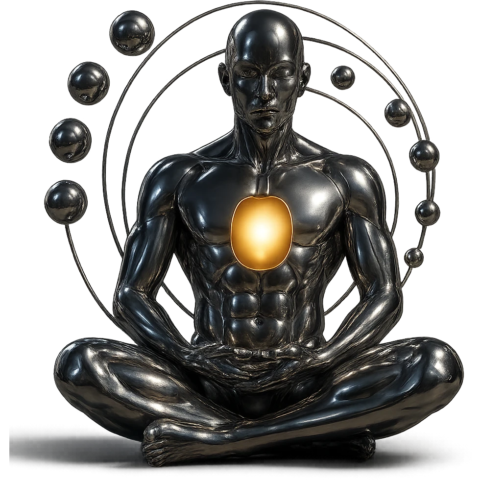 Add a glowing aura around the meditating chrome figure with an open chest and spiraling spheres, keep the style highly polished and metallic, no background. emoji