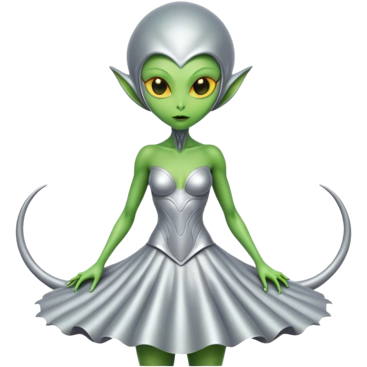 Green Alien woman with Cycloid scales, in silver dress, full figure, yellow eyes emoji