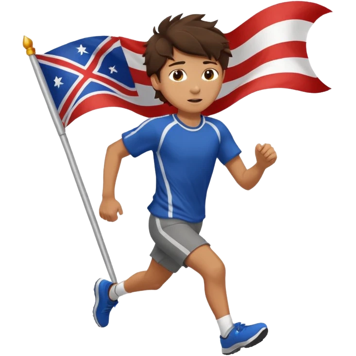 A teen boy with messy brunette hair, running with a fluttering flag behind him. emoji