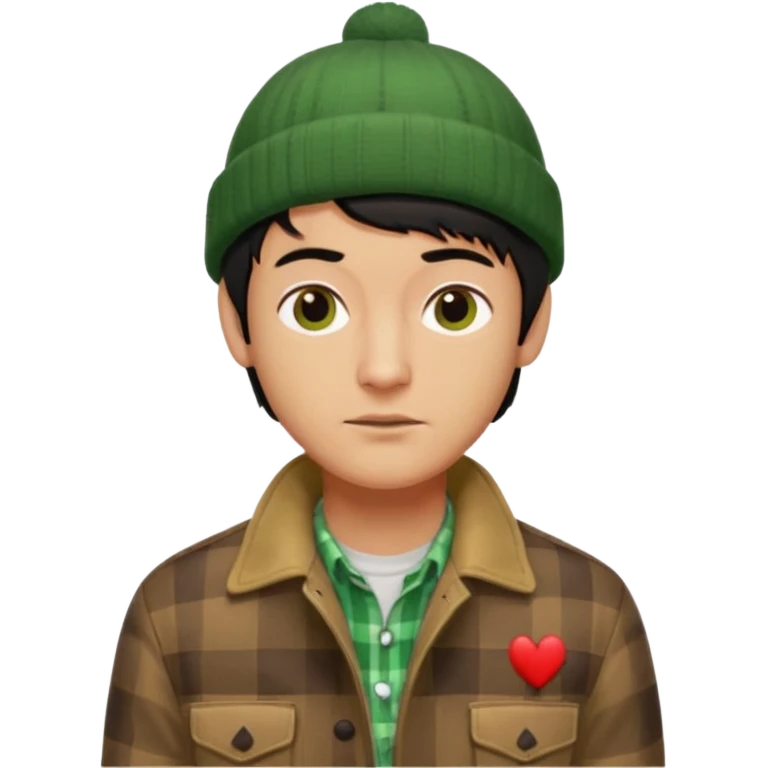young man with longish black Beatle haircut, tan complexion, green beenie hat, tan jacket, checked shirt , pork chop sideburns emoji