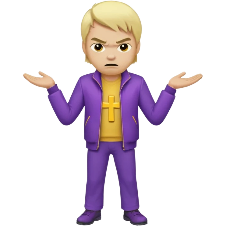 Create A Guy Wearing Light Skin Blond Hair Yellow Cross Purple Jacket Purple Pants And Mad Face emoji