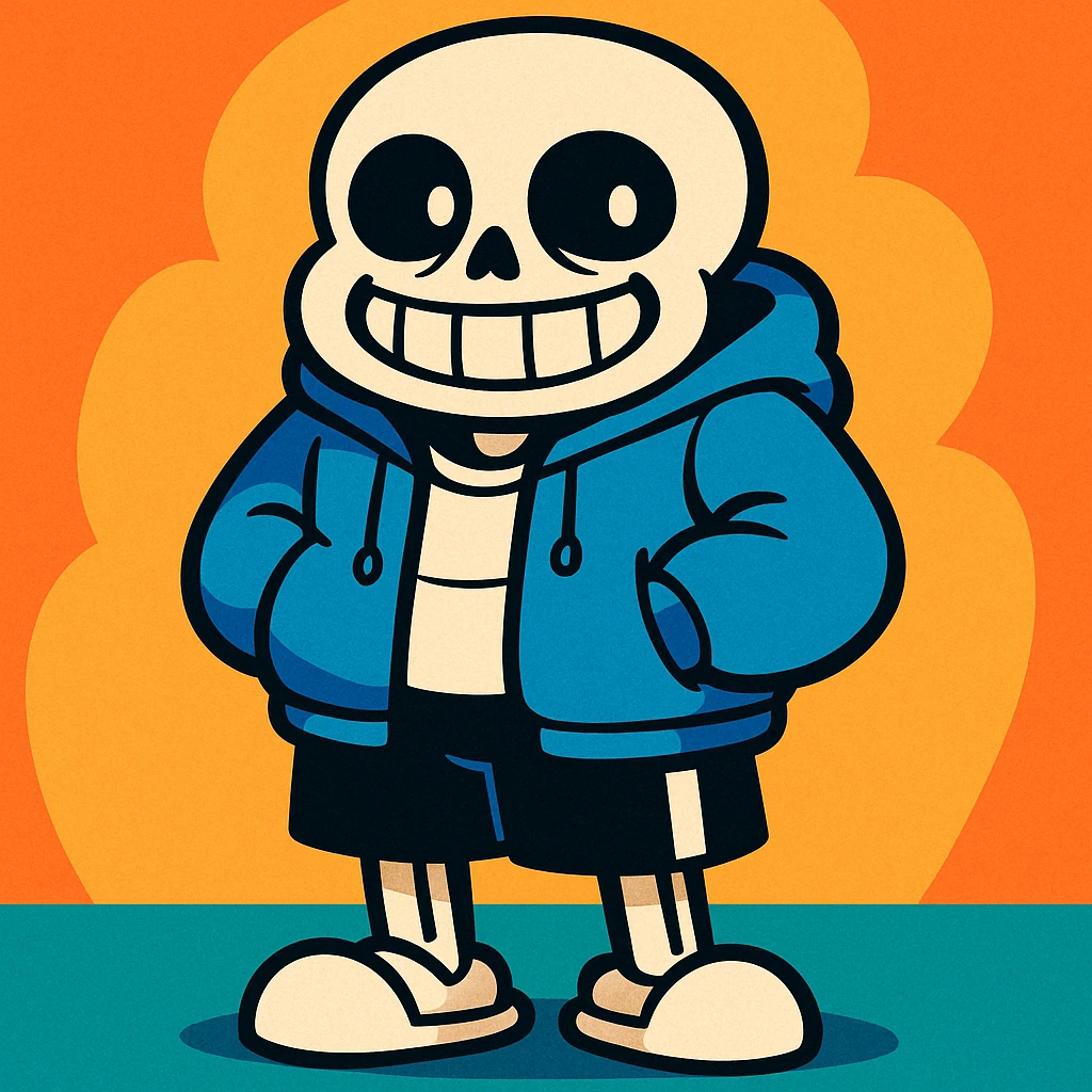 Sans from Undertale, cartoon style, blue hoodie, black shorts, white skeleton, simple background emoji