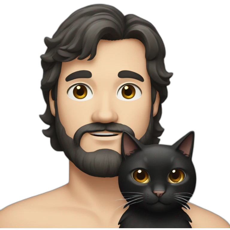 Man with long black hair and beard, Caucasian, looks like Jack Black, with a black cat in his arms emoji